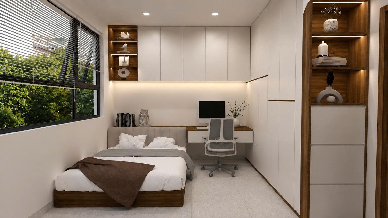 Phòng ngủ với kệ trang trí gỗ