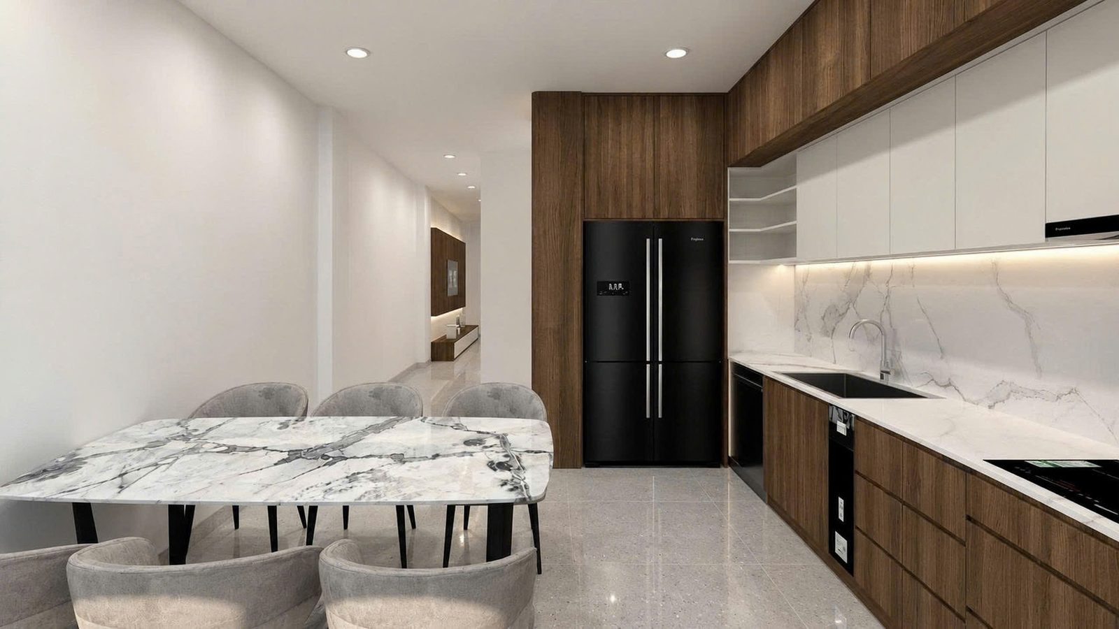 Bếp với tủ lạnh âm tường và hành lang dẫn ra phòng khách
